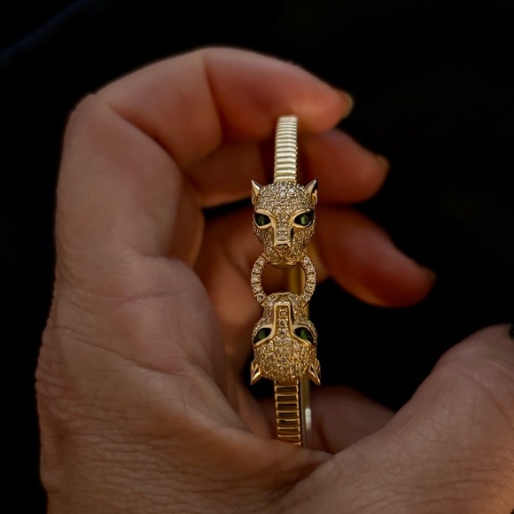 14K Yellow Gold Double Panther Head Diamond Bangle Bracelet - Picture 3 of 6